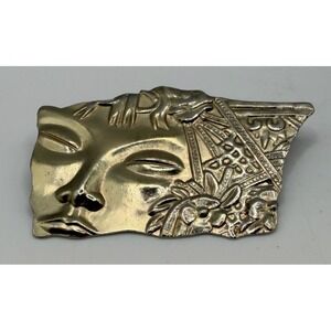 Modernist Sculptural Face Brooch Gold Tone Art Jewelry 2.5"